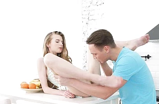 Skinny girl and her handsome BF have sensual naked sex in kitchen