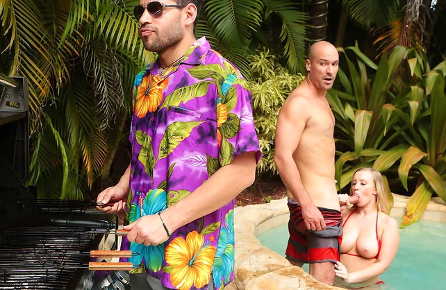 Dude’s girlfriend sucks his friend off while he’s standing right there at the swimming pool