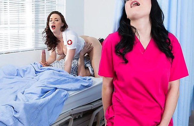 Masturbating nurse is caught and involved in naked threesome sex