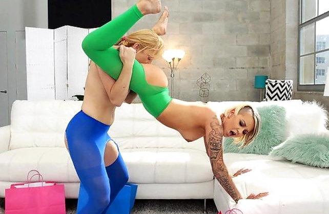 Naked girls tear colored pantyhose and lick each other's pussy off