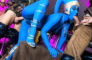 Cosplay babe with naked skin colored in blue does it with two space bandits