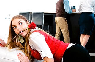 Diva with a rose gets off on of being pussy-penetrated by naked colleague