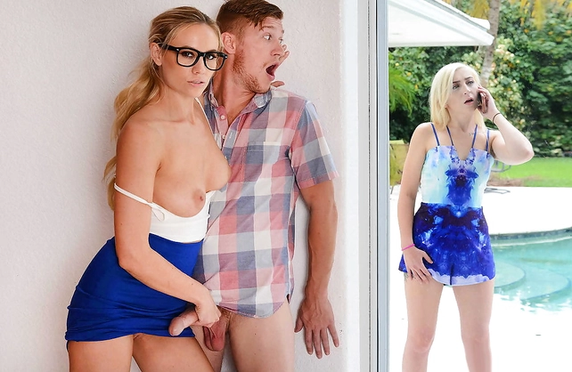 Blonde real estate agent with glasses fucks her client while his wife is inches away