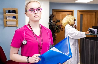 Beautiful nurse acts modest before turning into a slut alone with one of her patient