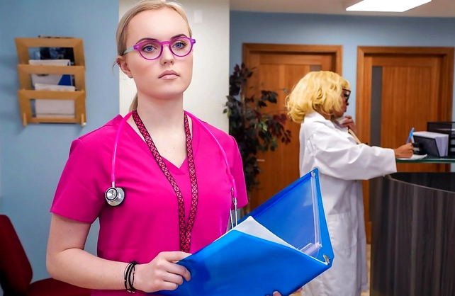 Beautiful nurse acts modest before turning into a slut alone with one of her patient