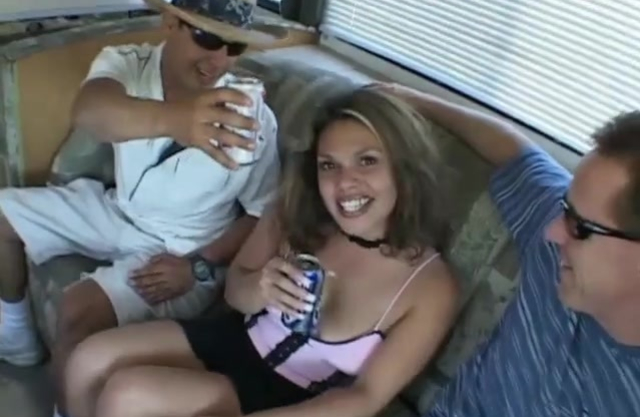 Friends fuck naked hitchhiker in trailer and erupt semen on face
