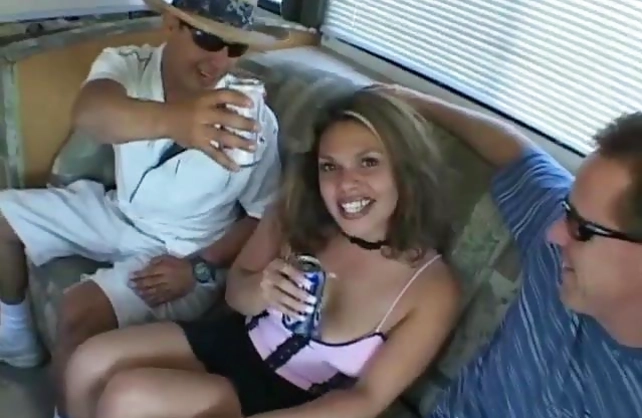 Friends fuck naked hitchhiker in trailer and erupt semen on face