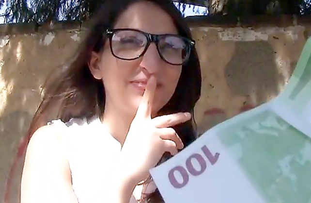 Cameraguy pays nerdy girl and she rides cock with naked pussy outdoors