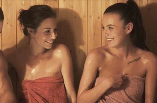 Guy and naked girlfriend with perky tits make love after relax in sauna