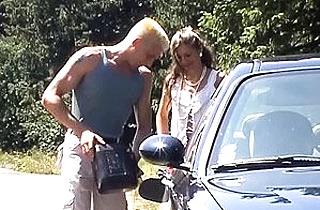 Kind guy gives beauty fuel before they have naked sex in the forest