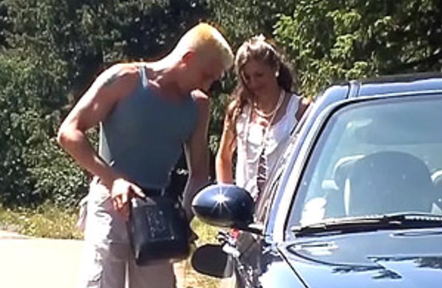 Kind guy gives beauty fuel before they have naked sex in the forest