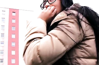 Nerdy brunette in stockings and stranger have naked encounter on stairs