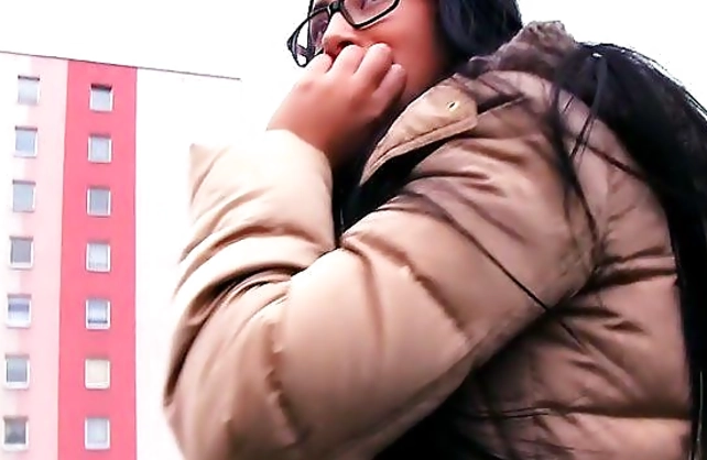Nerdy brunette in stockings and stranger have naked encounter on stairs