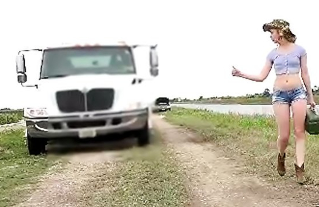 Black tow truck driver copulates with naked blonde cutie inside car