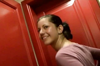 Guy joins pretty girl in toilet and they have quick naked affair there