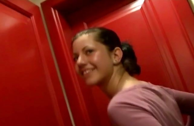 Guy joins pretty girl in toilet and they have quick naked affair there