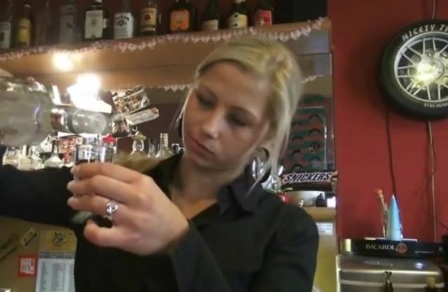 Insistent guy in exchange for cash coaxes barmaid to suck naked boner