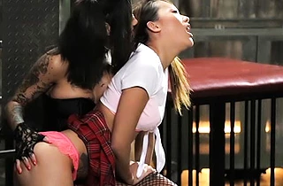 Inked brunette punishes naked Asian girl using clothespins and whip