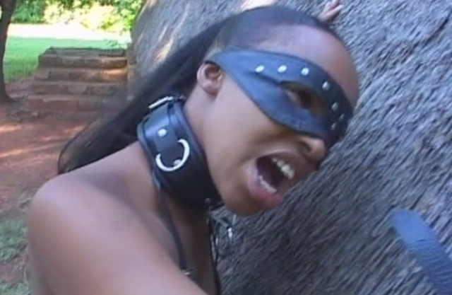 African slave fucks naked shaved cunt with long toy outside before gets a dick