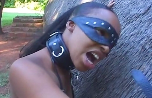 African slave fucks naked shaved cunt with long toy outside before gets a dick