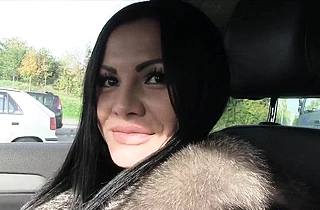 European brunette with sweet lips gets naked and fucks in the car