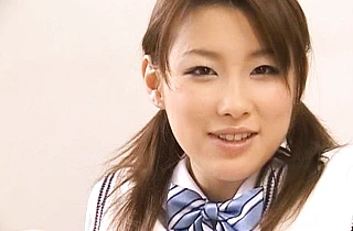 Cheerful Japanese college girl strokes naked teacher's dick with hands