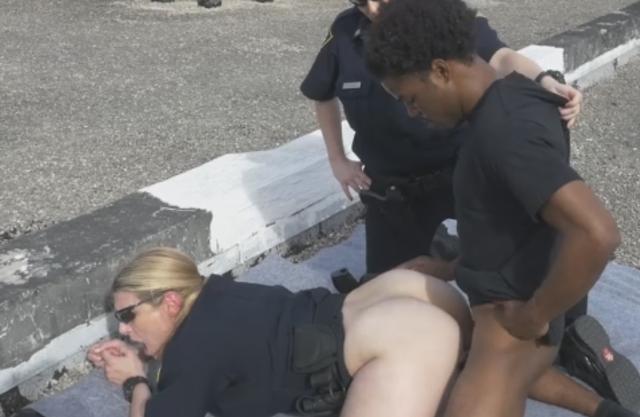 Hot female cop makes sure Ebony criminal properly fucks naked girl