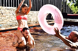 Two hung men team up to satisfy one beautiful and tiny naked girl