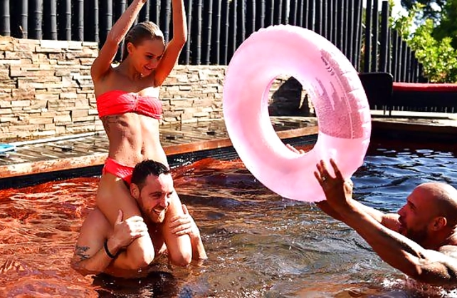 Two hung men team up to satisfy one beautiful and tiny naked girl