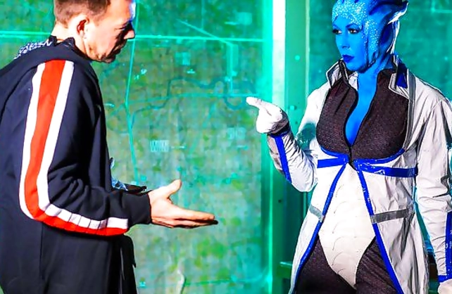 Blue-skinned naked girl with beautiful big tits satisfies sexual needs