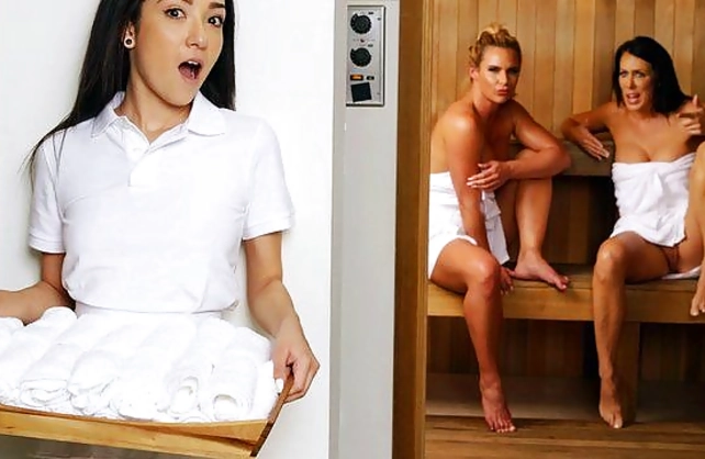Older naked girls kiss in sauna and catch beautiful girl watching them