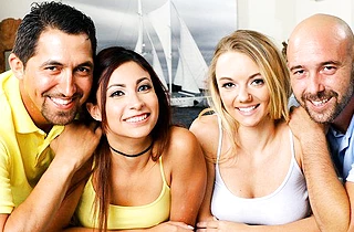 Bald man with beard and friend make hot surprise for naked girls
