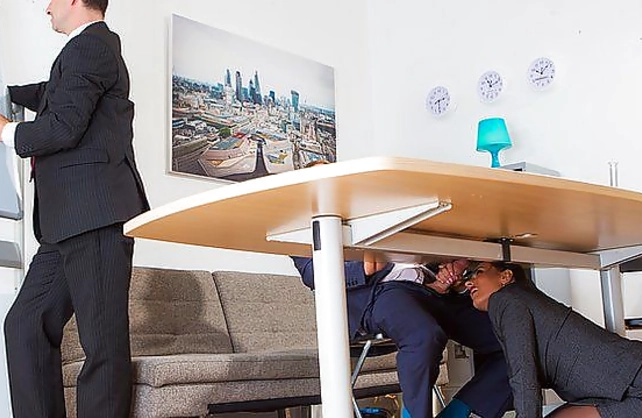 Boss leaves office so an employee can fuck naked girl with hot big chest