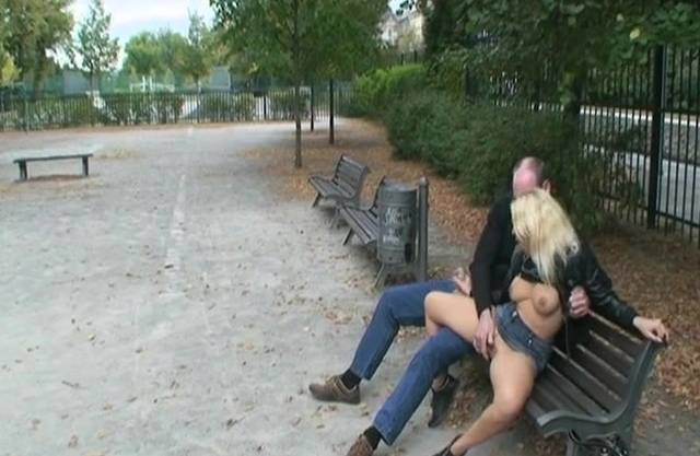 Shameless naked girl rides older man's beautiful dick in a public place