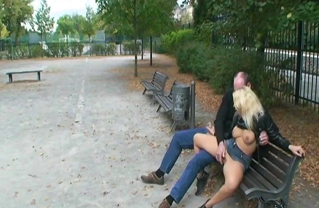 Shameless naked girl rides older man's beautiful dick in a public place