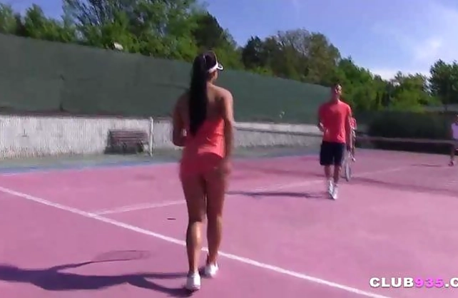 Naked girls can't stop guys from banging beautiful twats in tennis court
