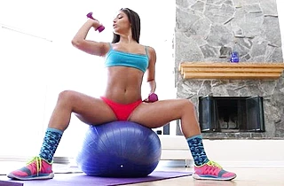 Interesting naked girl jumps on a fitball as a man comes to own sexy hole