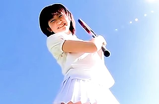 Oriental naked girl plays tennis and takes hot shirt off in the fresh air
