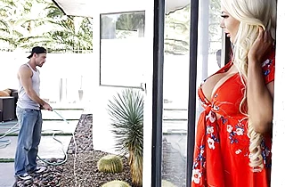Dazzling married blonde checks naked gardener's penis in the kitchen