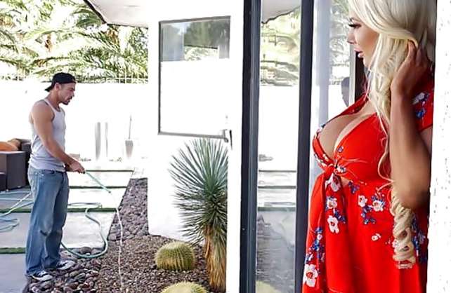 Dazzling married blonde checks naked gardener's penis in the kitchen