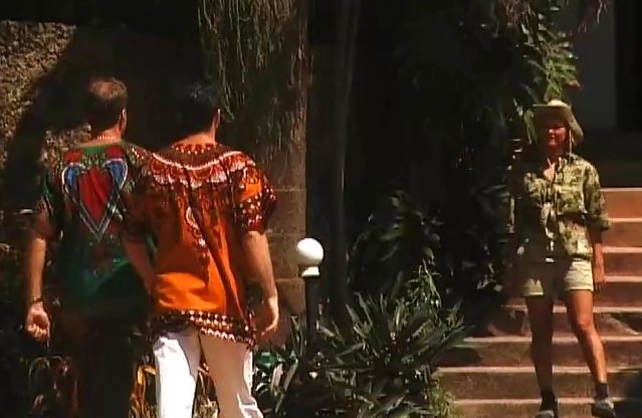Dissolute blonde tries outdoor sex with handsome naked friends