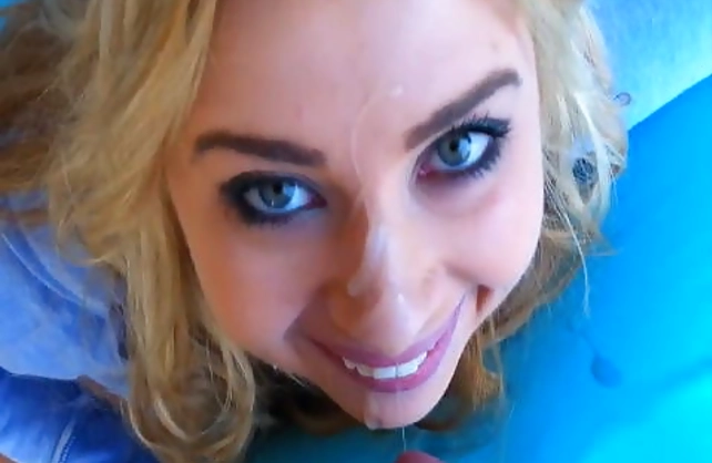 Cock sucking blonde babe gets a load on her face