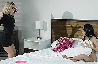 Angry stunner gets naked and punishes a sexy petite Asian cutie
