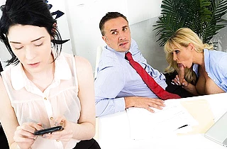 Busty naked boss doesn't care that her employee's girlfriend is there