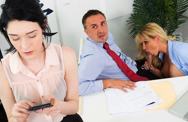 Busty naked boss doesn't care that her employee's girlfriend is there