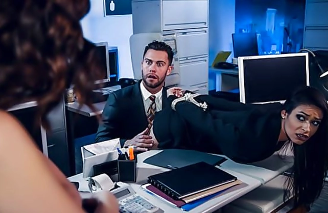 Boss's wife joins him and his sexy secretary for a naked threesome