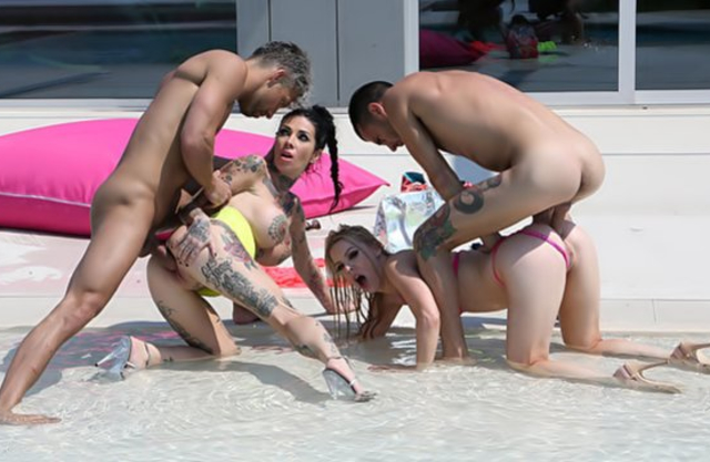 Two lovely sluts had an anal foursome with a couple of naked studs