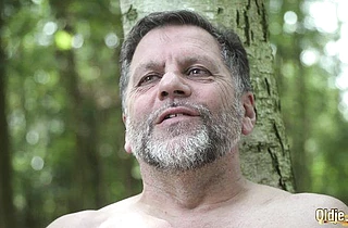 Two slutty chicks join a naked old guy who is jerking off outdoors