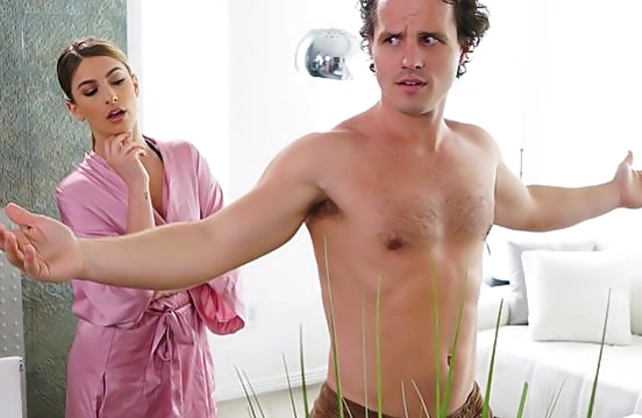 Lucky young man throws a leg to super-sexy woman on the naked airbed