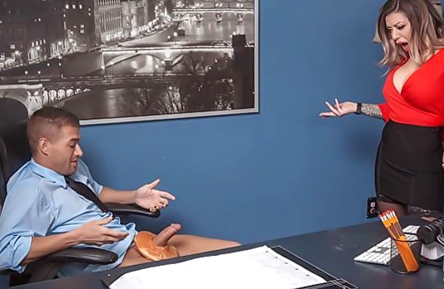 Naked sex of the busty office girl and co-worker ends with creampie